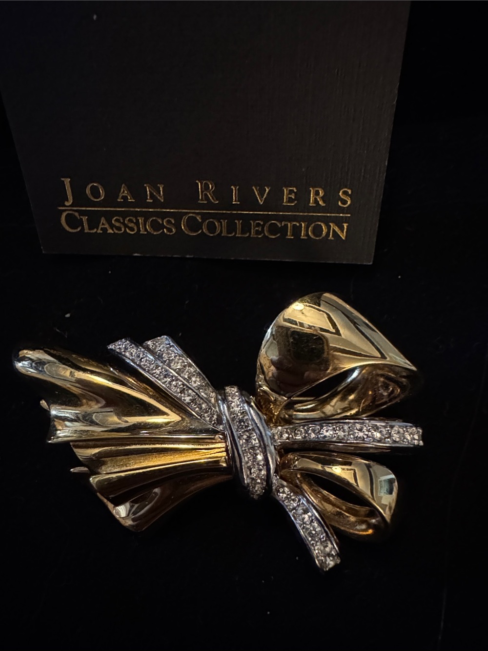 Vintage Joan Rivers Gold-Tone Bow Brooch with Clear Rhinestones